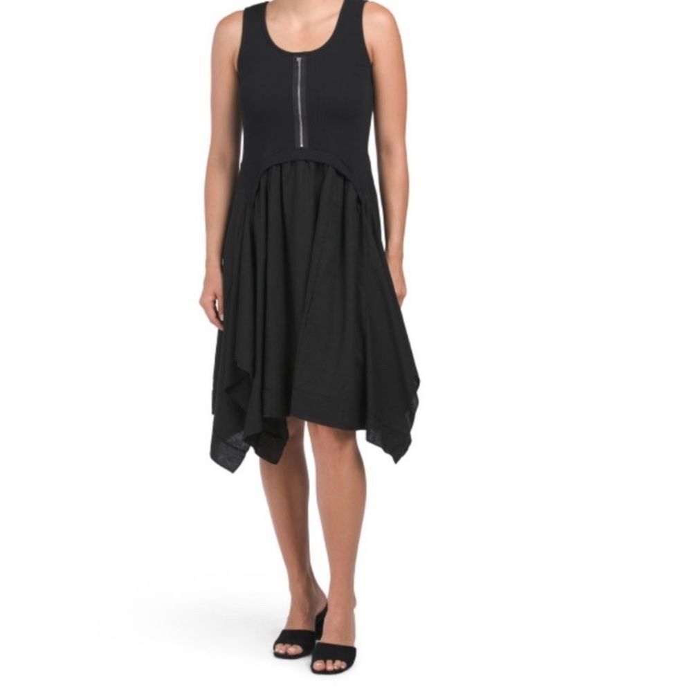 NEW For Cynthia Black Linen Blend Zip Tank Midi Dress Handkerchief Hem M